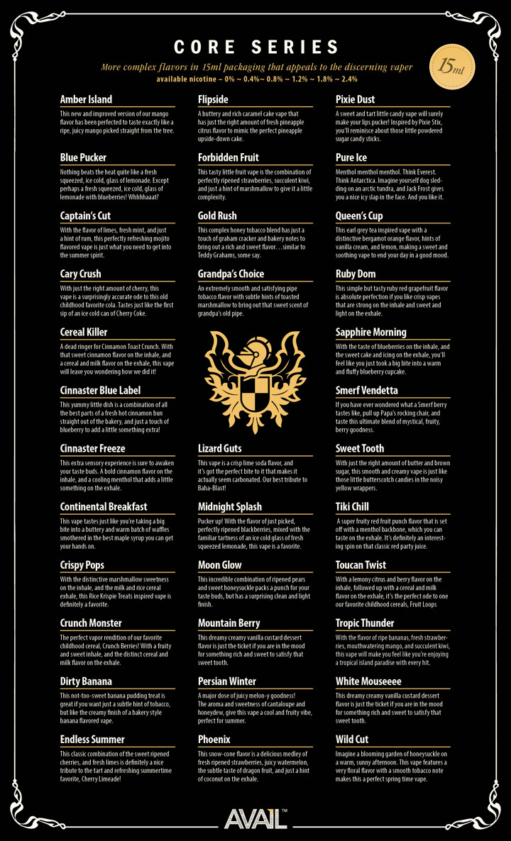 AVAIL Vapor E-Liquid Menu Print Side 2
