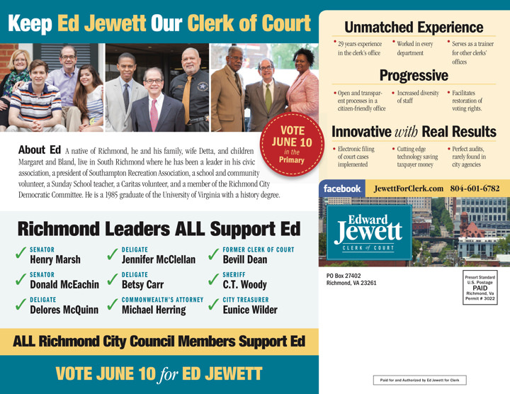 Ed Jewett Clerk Court Edward Jewett 2014 Unmatched Experience Direct Mail Print Side 2