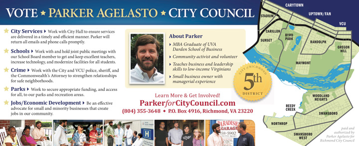 Parker Agelasto for City Council Parker Agelasto 2012 Palm Card Print Side 2