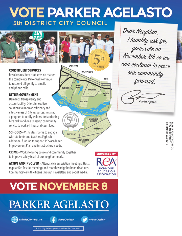 Parker Agelasto for City Council Parker Agelasto 2016 Re-Elect Direct Mail Print Side 2